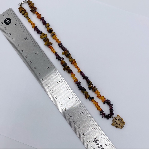 Sterling Silver Amber, Tiger Eye, Garnet Chip Beaded Necklace Butterfly Pendant - Picture 8 of 11